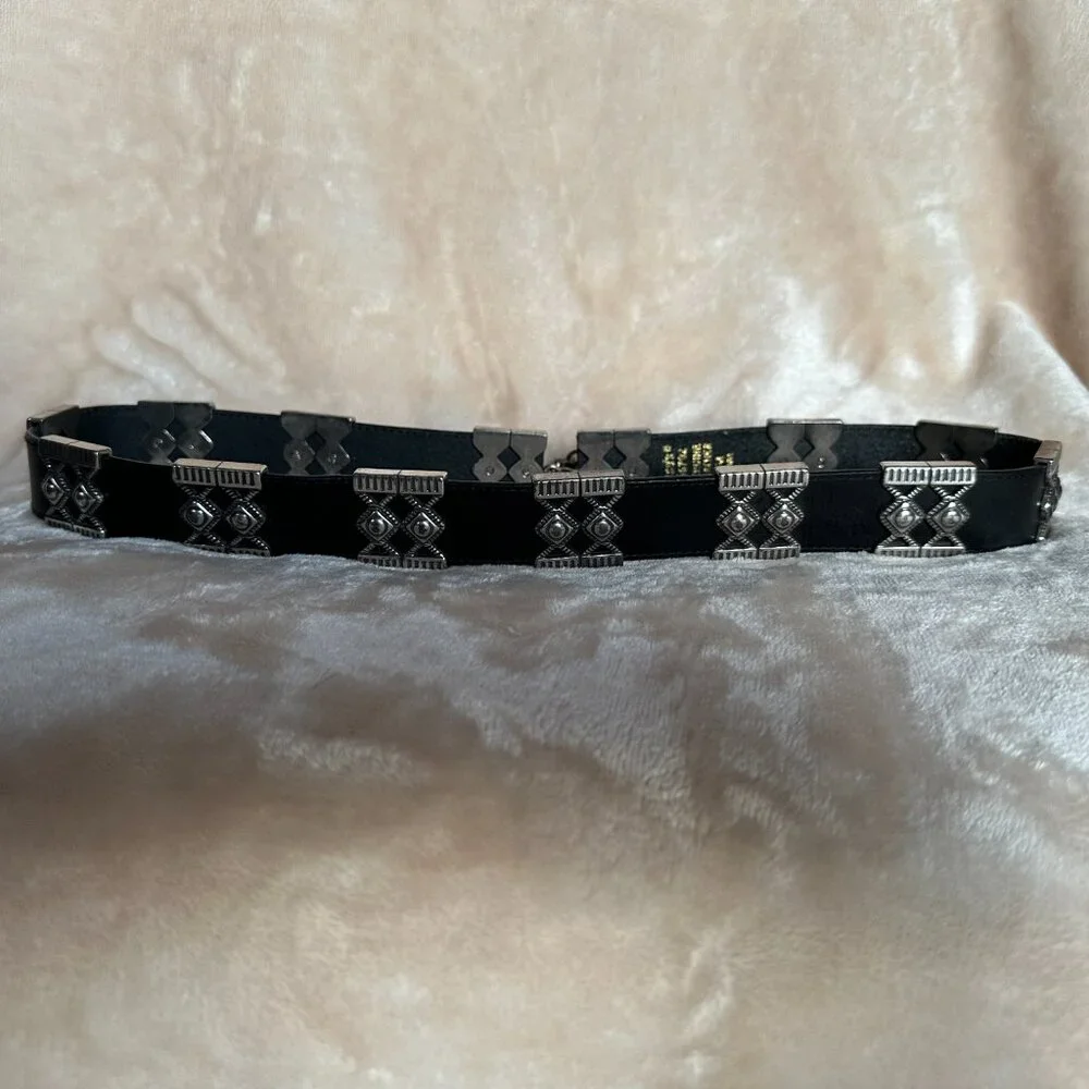 Chico's Black Leather Silver Tone Concho Southwestern Adjustable Belt Chain S/M